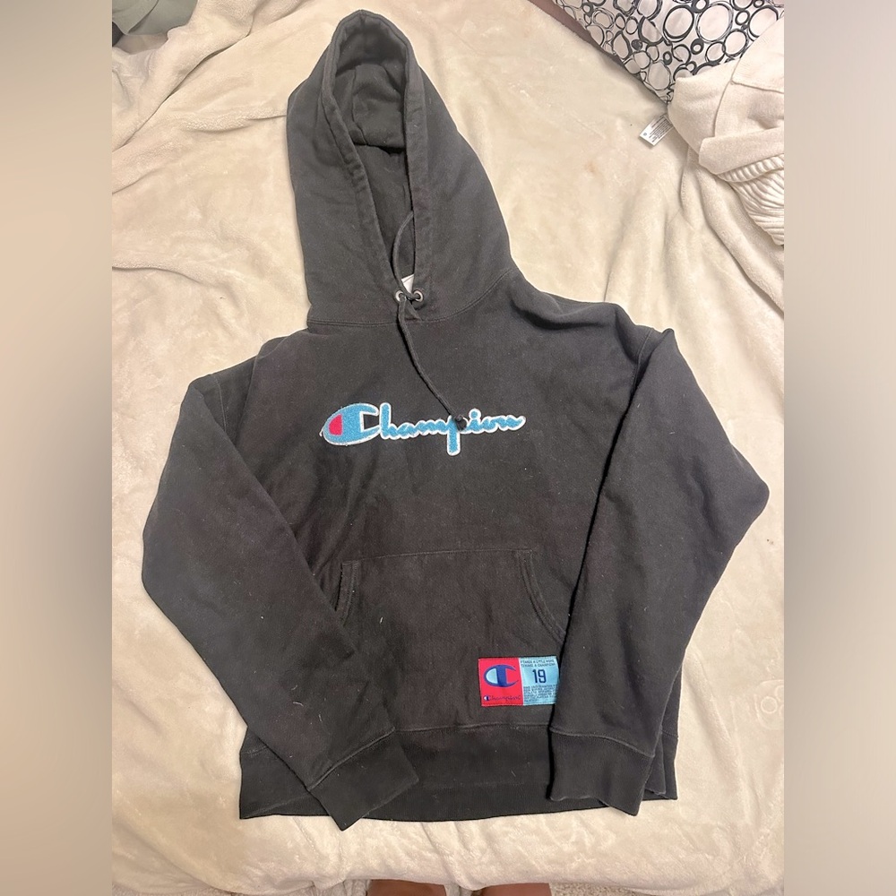Black Champion Hoodie Blue Logo - L - 90s Vintage Style